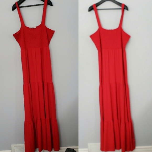 LOFT Red Smocked Bodice Tiered Maxi Tank Dress Stretchy SZ Small - Picture 2 of 4